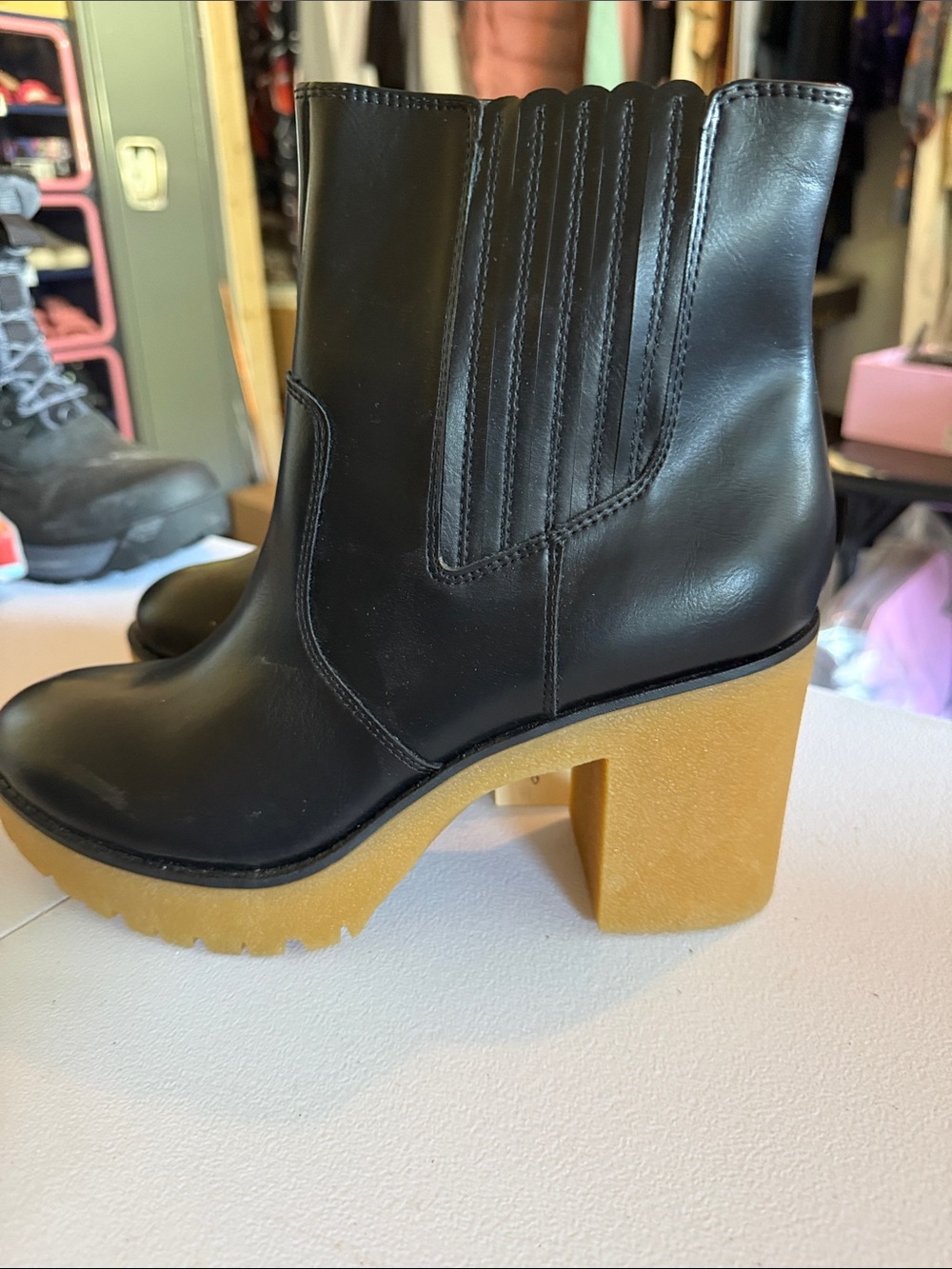 sun and stone 11 Black Chelsea Ankle Boot with Chunky Tan Platform Heel